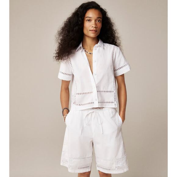 J.Crew Gamine Eyelet Trim Shirt Cotton White Short Sleeve Resort Boho US 12 NWT - Picture 1 of 14